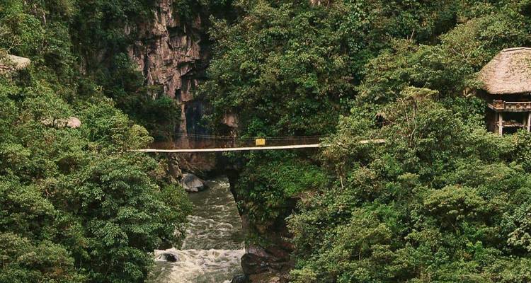 Un puente colgante estrecho atraviesa un río que baja rápidamente a través de un cañón de selva tropical verde profundo con acantilados rocosos.