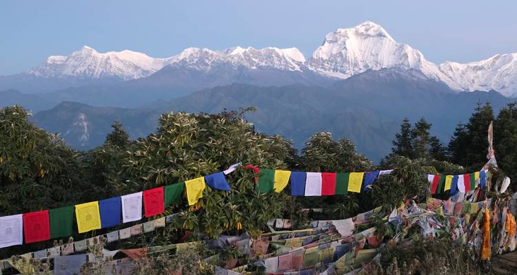 Les drapeaux de prière encadrent les premières lueurs de l'aube sur les pics enneigés de Dhaulagiri et de l'Annapurna.