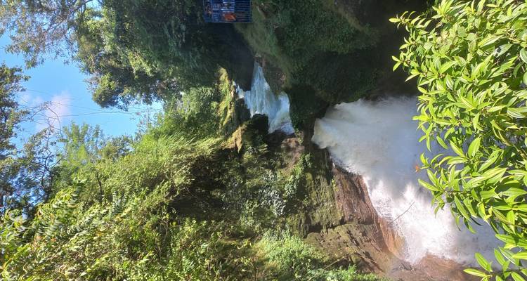 Une puissante cascade s'écoule à travers une gorge étroite entourée d'une végétation tropicale dense.