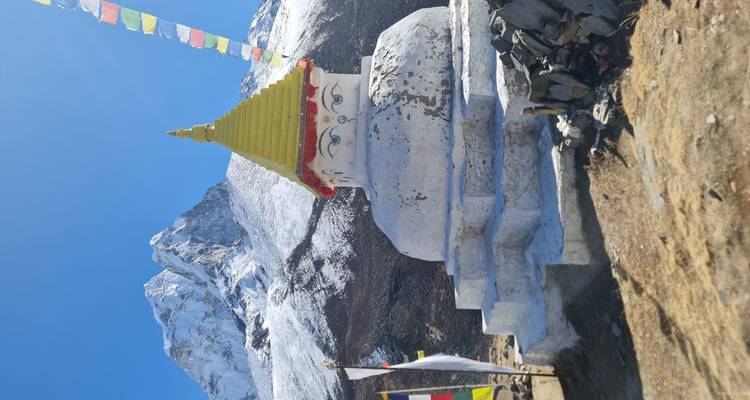 Witte Boeddhististische stoepa met gele spits en geschilderde ogen tegen een besneeuwde Himalaya-achtergrond en gebedsvlaggen.