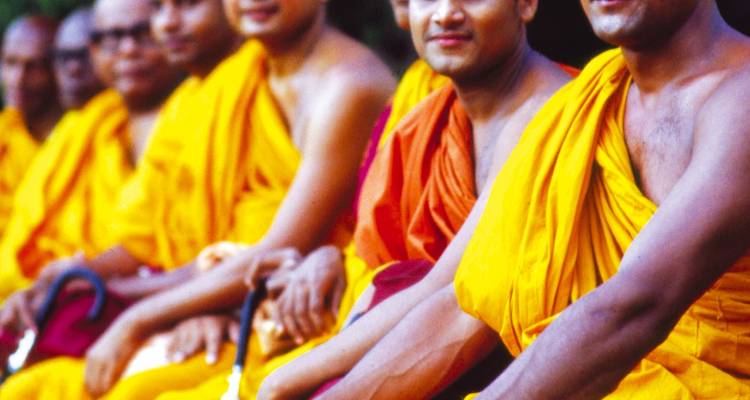 Groupe de moines assis ensemble en robes orange traditionnelles.