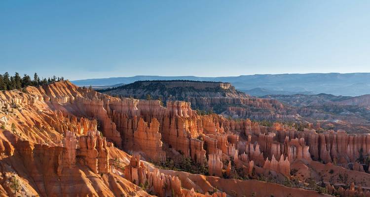 Vue panoramique expansive du parc national de Bryce Canyon avec ses hautes flèches orange et ses plateaux lointains.