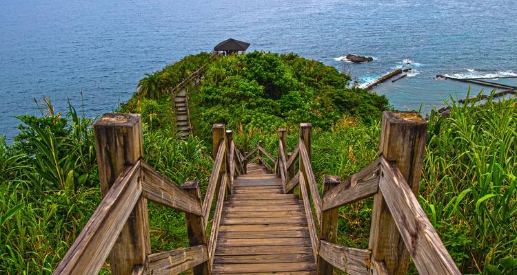 Des marches en bois menant à une vue panoramique sur l'océan.