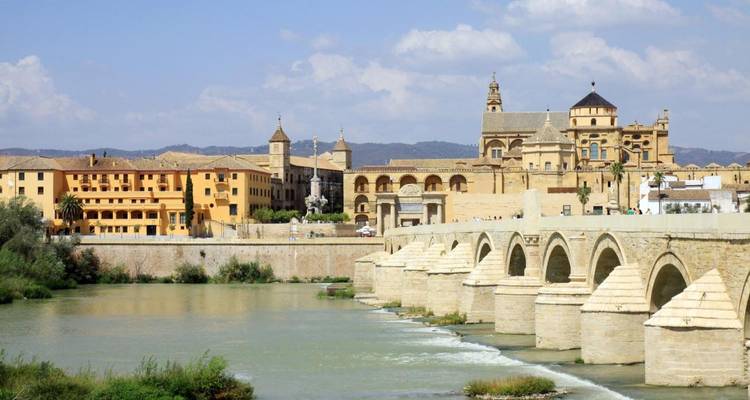 Un pont historique traversant une rivière, avec en toile de fond une cathédrale et des bâtiments de la vieille ville de Cordoue.