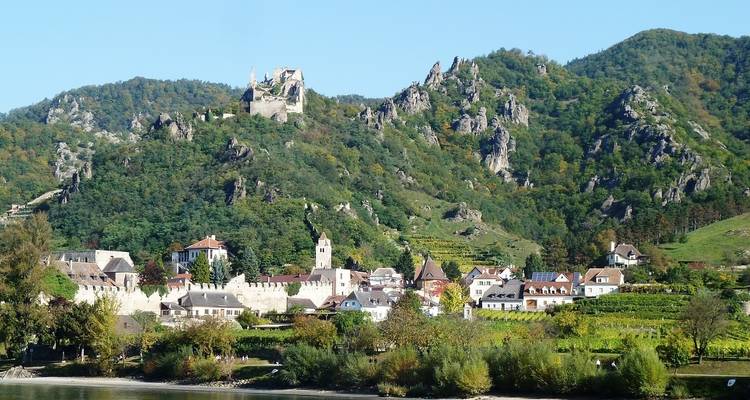 Vista del pueblo con viñedos en Wachau.