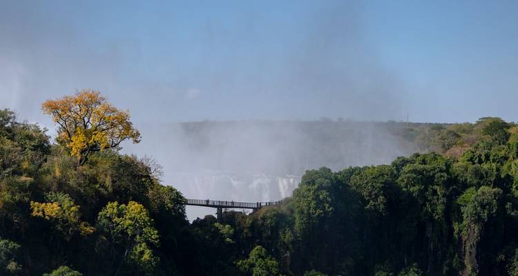 Cataratas Victoria envueltas en neblina con un estrecho puente peatonal que atraviesa un exuberante desfiladero verde bajo un cielo despejado.