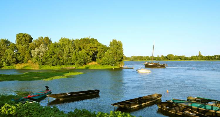 Vue sereine d'une rivière avec des bateaux amarrés, bordée d'une végétation luxuriante.