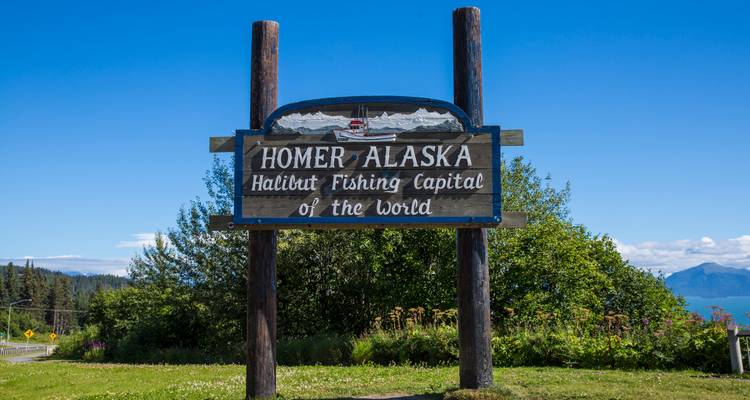 Sign reading 'Homer Alaska Halibut Fishing Capital of the World' against clear blue sky