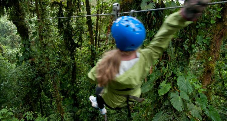 Photo d'action floue d'une personne pratiquant la tyrolienne à travers la canopée dense de la forêt tropicale humide.