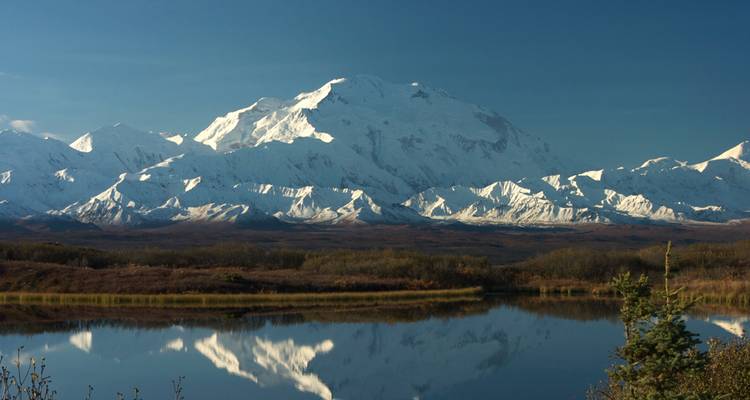 Le Denali enneigé s'élève au-dessus d'un lac reflétant et de la toundra sous un ciel bleu dégagé.