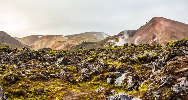 Champ de lave rocheux avec des évents fumants et des collines colorées.