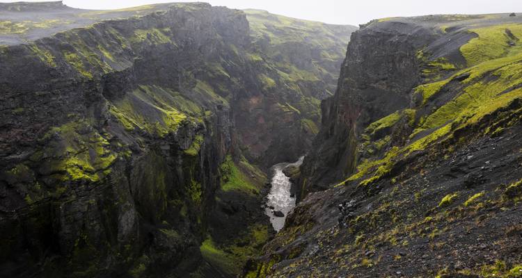Un cañón profundo y estrecho bordeado de roca volcánica negra y musgo verde vibrante con un río caudaloso abajo.
