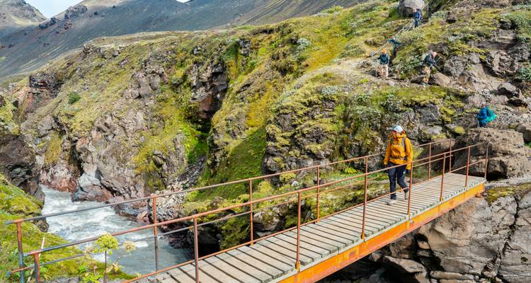 Hikers make their way over a narrow bridge spanning a rushing Icelandic gorge.