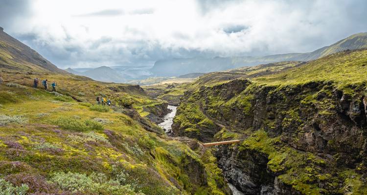 Group of hikers wind through lush green canyon under dramatic skies in Icelandic highlands.