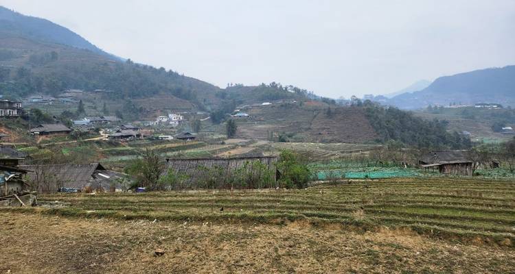 Paysage rural avec champs en terrasses et collines.