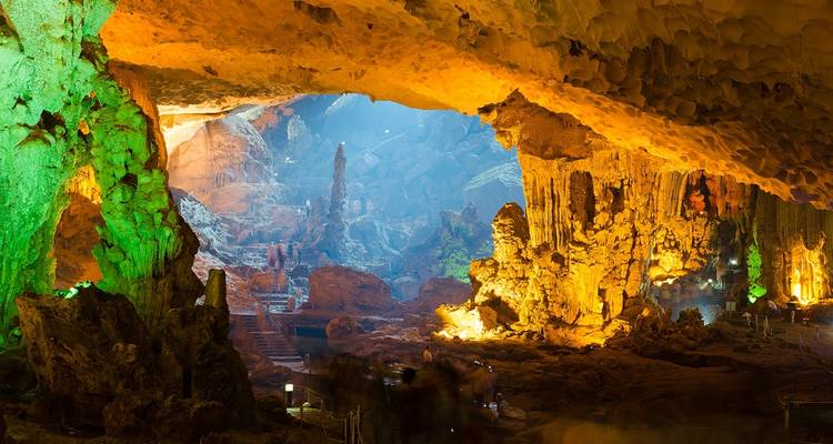 Colorful cave interior in Ha Long Bay.