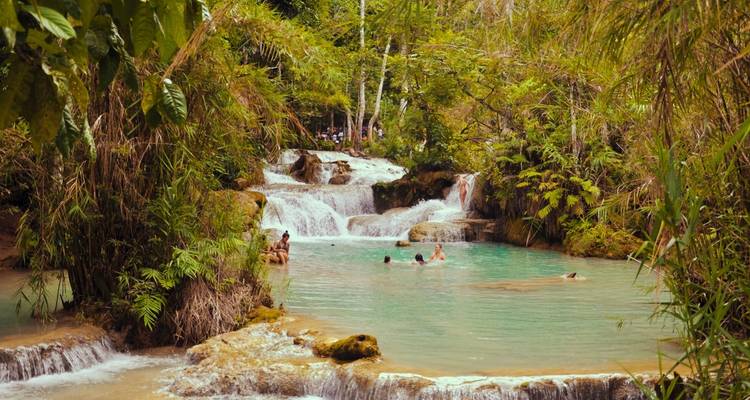 Personas nadando en una piscina natural rodeada de cascadas y vegetación.