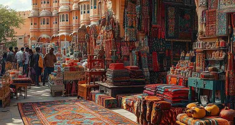 Scène de marché colorée devant Hawa Mahal, Jaipur.