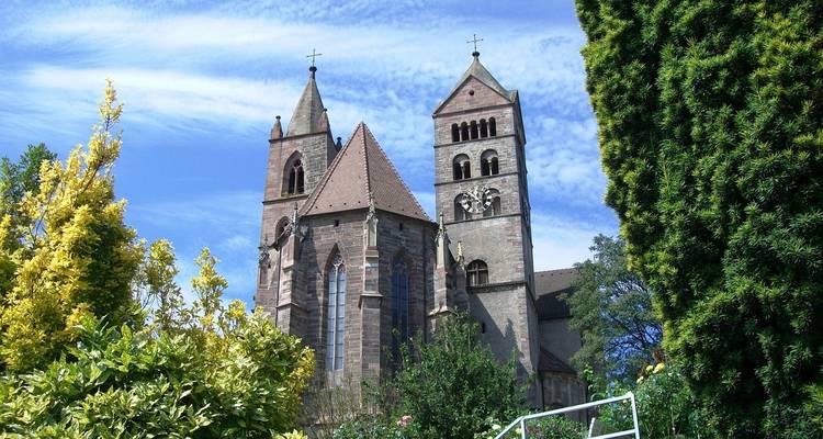 Iglesia histórica con torres gemelas y un entorno exuberante.