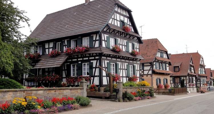 Timber-framed houses with red flowers on the facade