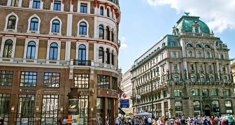 Calle de Viena con edificios históricos y tiendas.