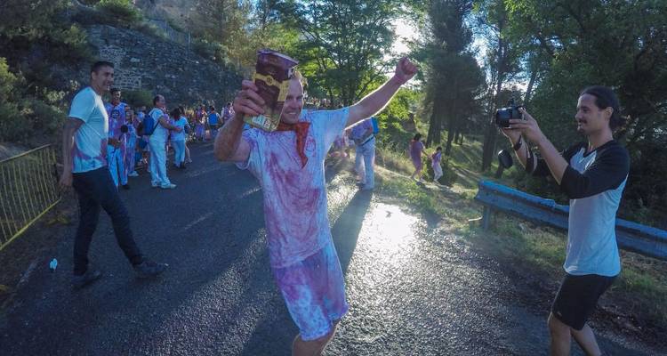 Homme célébrant avec une bouteille à la main pendant un festival.