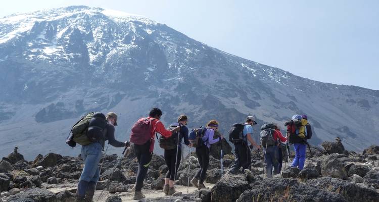 Groep wandelaars loopt naar een besneeuwde berg.