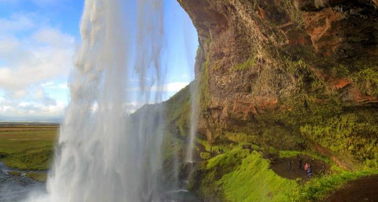Ein majestätischer Wasserfall umgeben von üppigem Grün in Island.