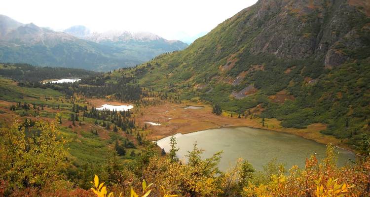 Aerial view of a lush valley with small lakes surrounded by mountains.