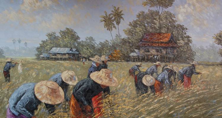 Painting of farmers harvesting rice in a field.