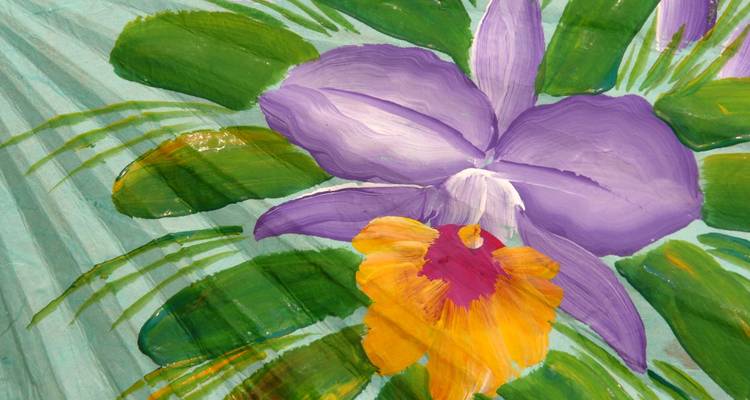 Painting of a purple and yellow flower with green leaves.