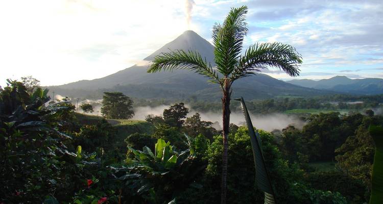 Vista espectacular del Volcán Arenal emitiendo una columna de humo sobre el bosque tropical brumoso y palmeras